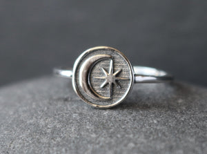 Embossed Celestial Moon & Star Ring